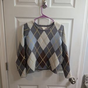 Cynthia Rowley Argyle Crewneck Sweater in Gray, Blue, Cream, Brown